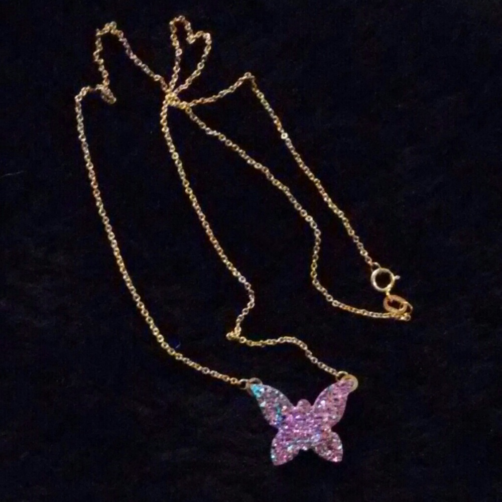 NWOT 14k gold pink druzy butterfly pendant